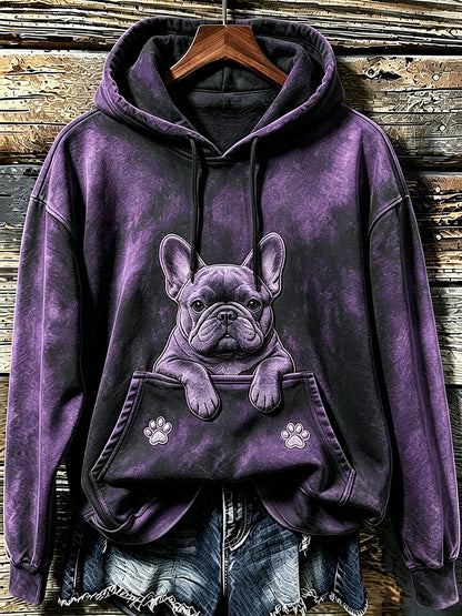 Women's Cute French Bulldog & Paws Print Cozy Hoodie