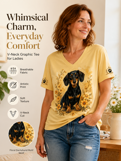 Women's Retro Dog Print Casual V-Neck Tee