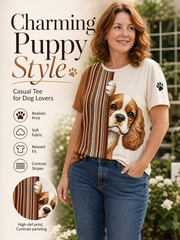 Women's Peeking King Charles Spaniel Dog & Paw Print Colorblock Print short-sleeved T-shirt