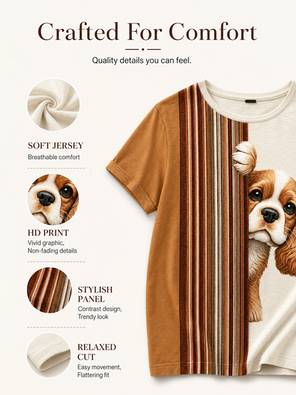 Women's Peeking King Charles Spaniel Dog & Paw Print Colorblock Print short-sleeved T-shirt