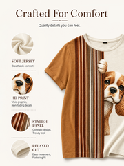 Women's Peeking King Charles Spaniel Dog & Paw Print Colorblock Print short-sleeved T-shirt