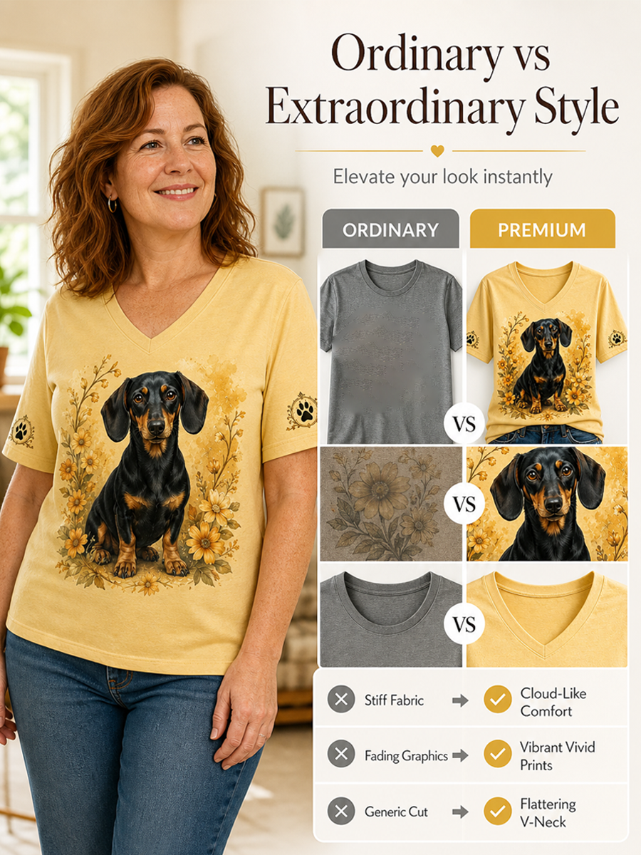 Women's Retro Dog Print Casual V-Neck Tee