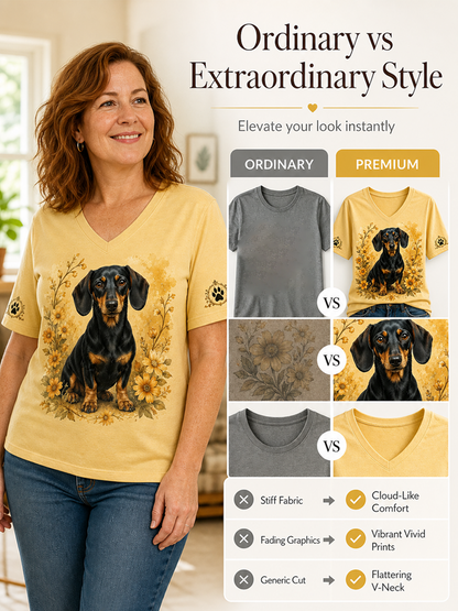 Women's Retro Dog Print Casual V-Neck Tee