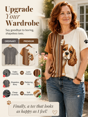 Women's Peeking King Charles Spaniel Dog & Paw Print Colorblock Print short-sleeved T-shirt