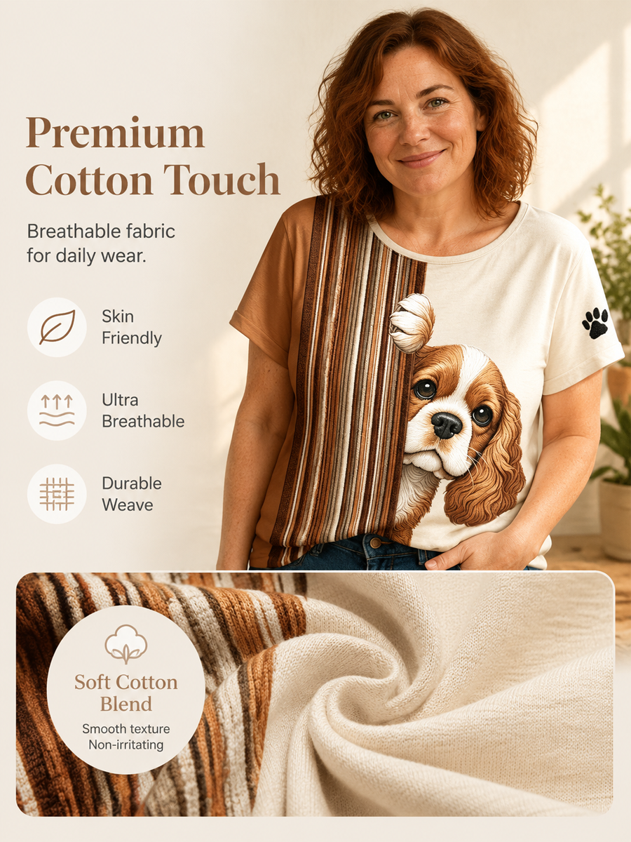 Women's Peeking King Charles Spaniel Dog & Paw Print Colorblock Print short-sleeved T-shirt