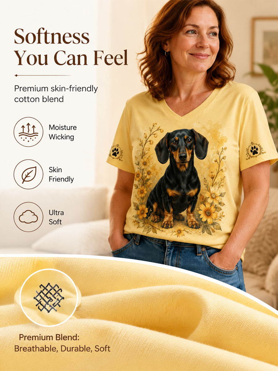 Women's Retro Dog Print Casual V-Neck Tee