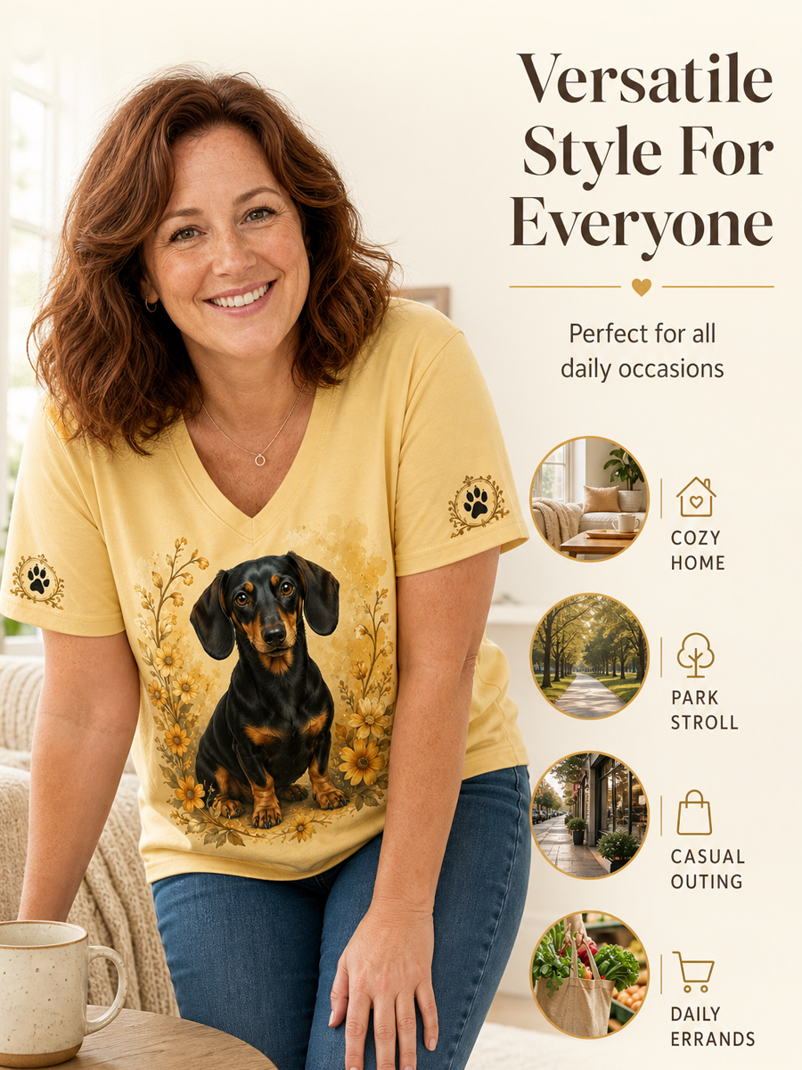 Women's Retro Dog Print Casual V-Neck Tee