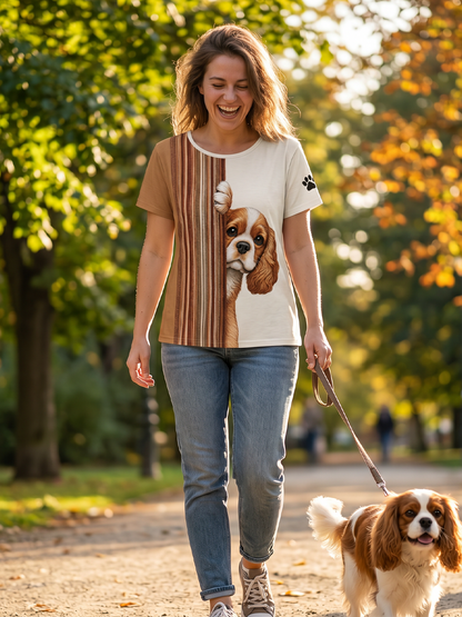 Women's Peeking King Charles Spaniel Dog & Paw Print Colorblock Print short-sleeved T-shirt