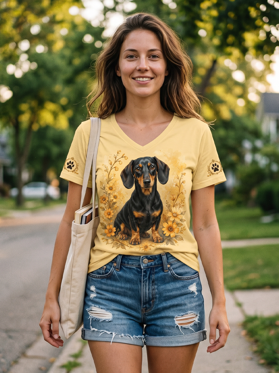 Women's Retro Dog Print Casual V-Neck Tee
