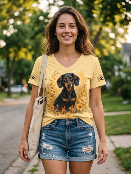 Women's Retro Dog Print Casual V-Neck Tee