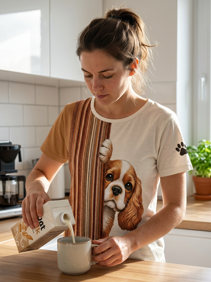 Women's Peeking King Charles Spaniel Dog & Paw Print Colorblock Print short-sleeved T-shirt