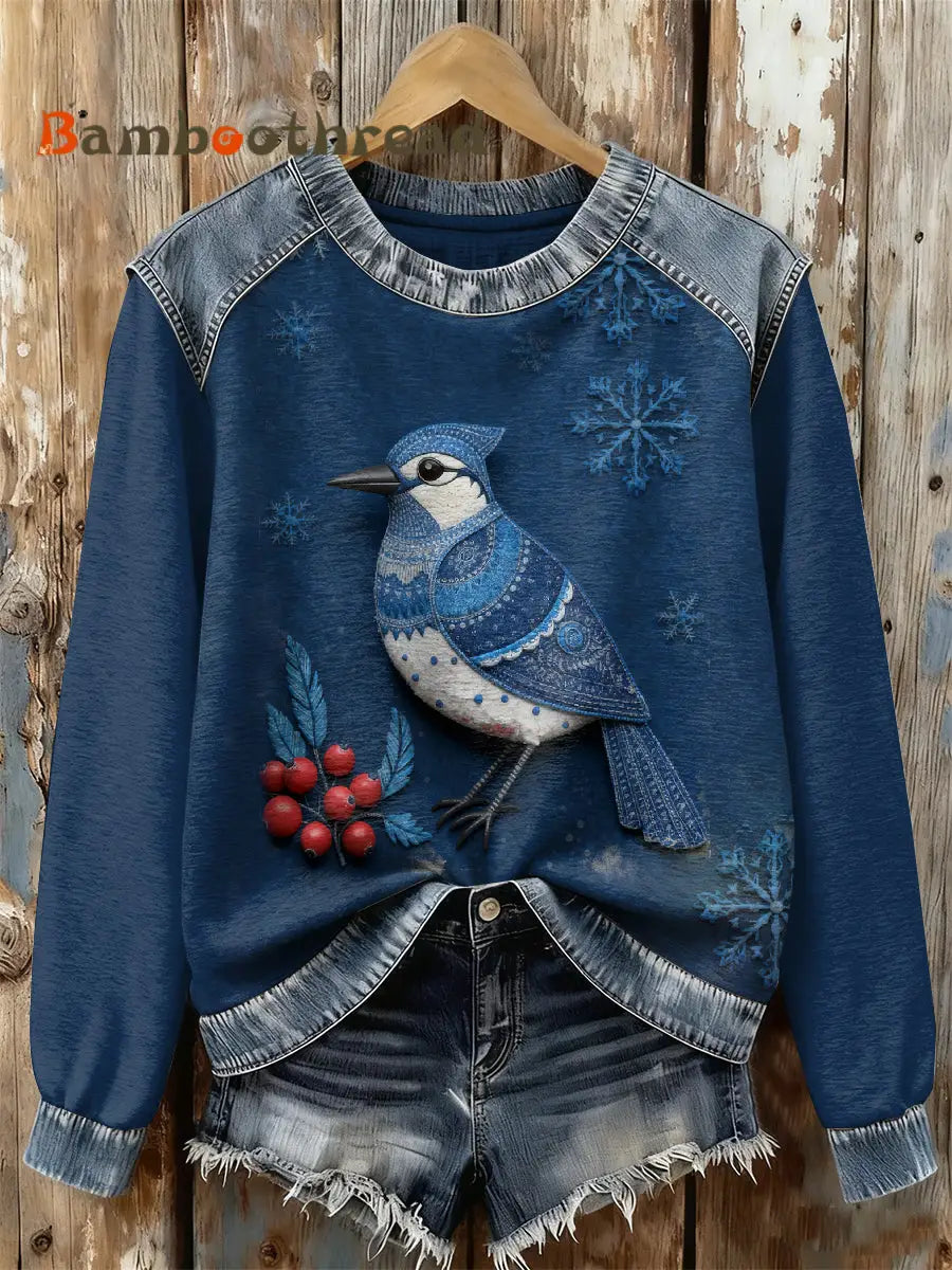 Gorgeous Christmas Bird Print Casual Long Sleeved Sweatshirt As picture / S