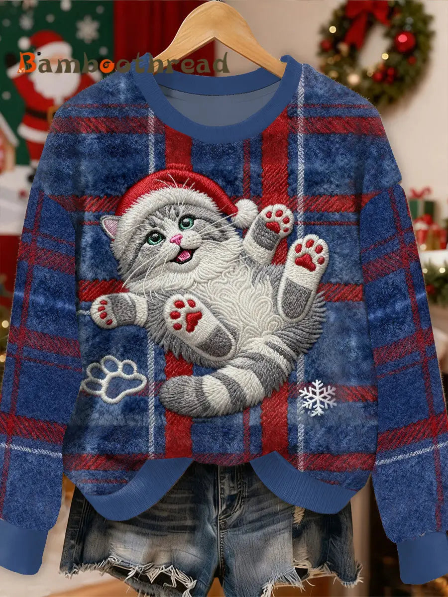 Gorgeous Christmas Cat Pattern Casual Long Sleeved Sweatshirt As picture / S
