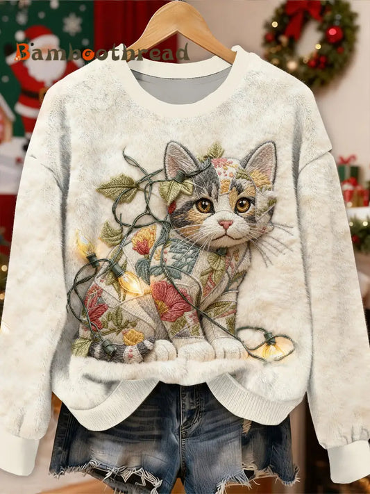 Gorgeous Christmas Cat Pattern Casual Long Sleeved Sweatshirt As picture / S