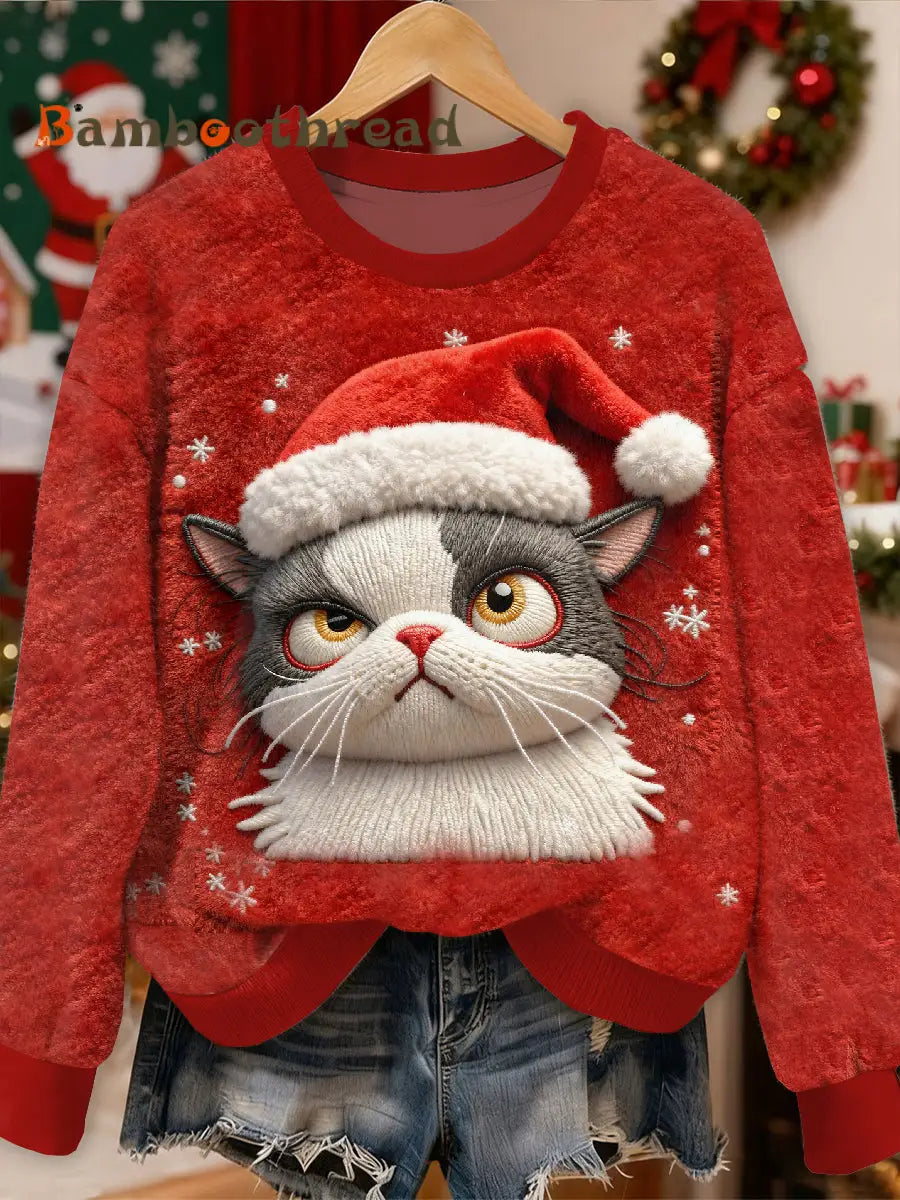 Gorgeous Christmas Cat Pattern Casual Long Sleeved Sweatshirt As picture / S