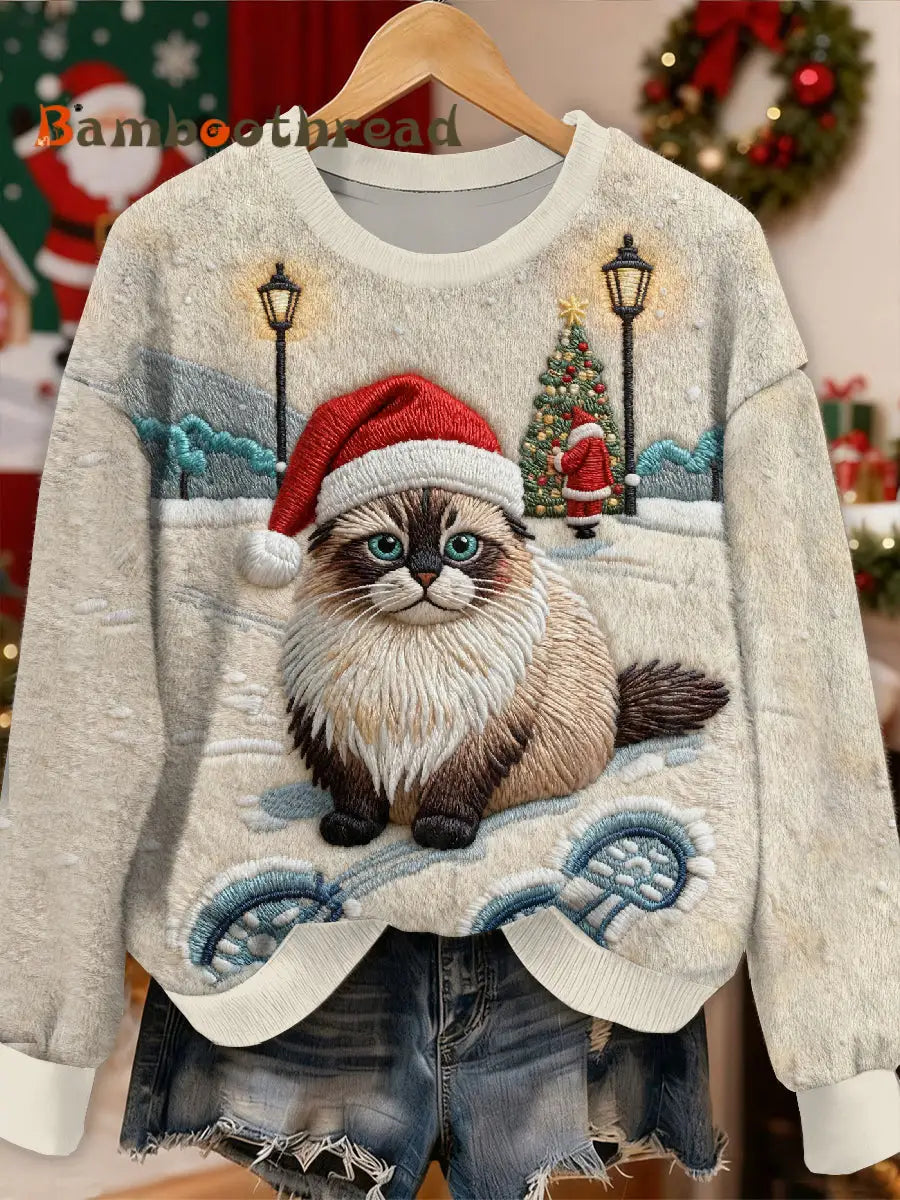 Gorgeous Christmas Cat Pattern Casual Long Sleeved Sweatshirt As picture / S