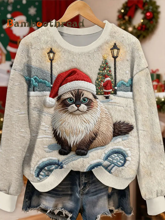 Gorgeous Christmas Cat Pattern Casual Long Sleeved Sweatshirt As picture / S
