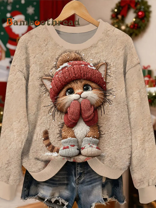 Gorgeous Christmas Cat Pattern Casual Long Sleeved Sweatshirt As picture / S