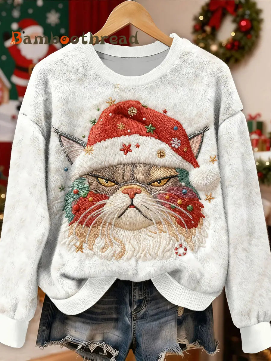 Gorgeous Christmas Cat Pattern Casual Long Sleeved Sweatshirt As picture / S