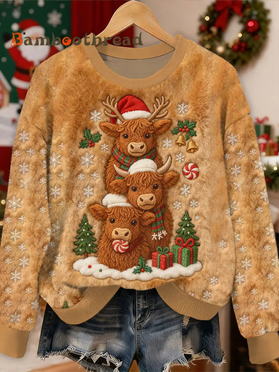 Gorgeous Christmas Ox Print Casual Long Sleeved Sweatshirt As picture / S