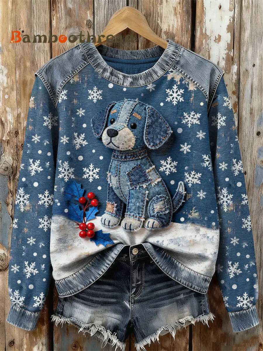 Gorgeous Christmas Puppy Print Casual Long Sleeved Sweatshirt As picture / S