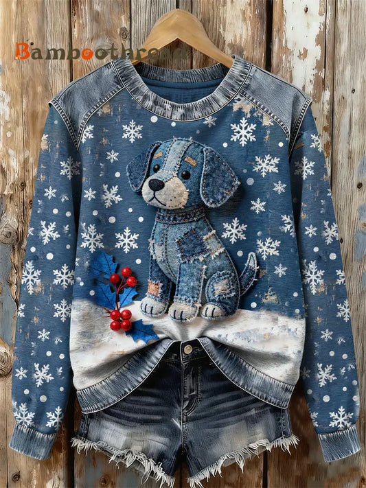 Gorgeous Christmas Puppy Print Casual Long Sleeved Sweatshirt As picture / S