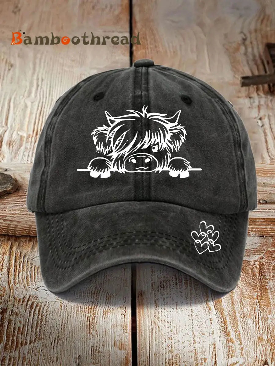 Highland cow print casual unisex cap Black / ONE