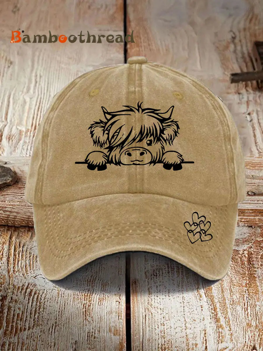 Highland cow print casual unisex cap Khaki / ONE