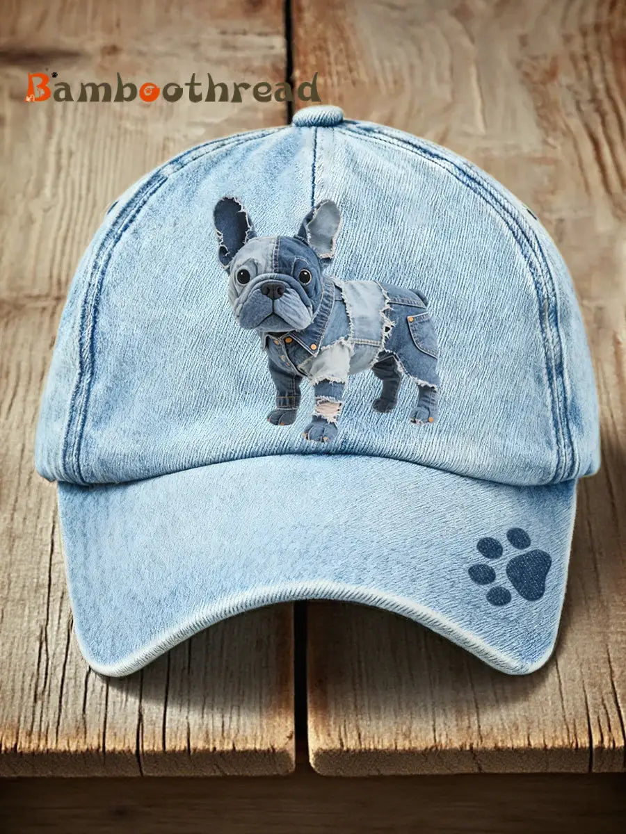 Lovely French Bulldog Patchwork Art Hat Blue / ONE
