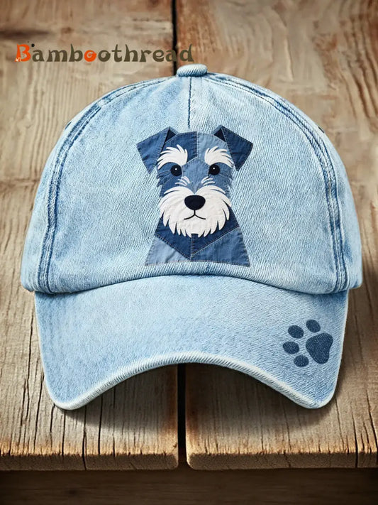 Lovely Schnauzer Dog Patchwork Art Hat Blue / ONE
