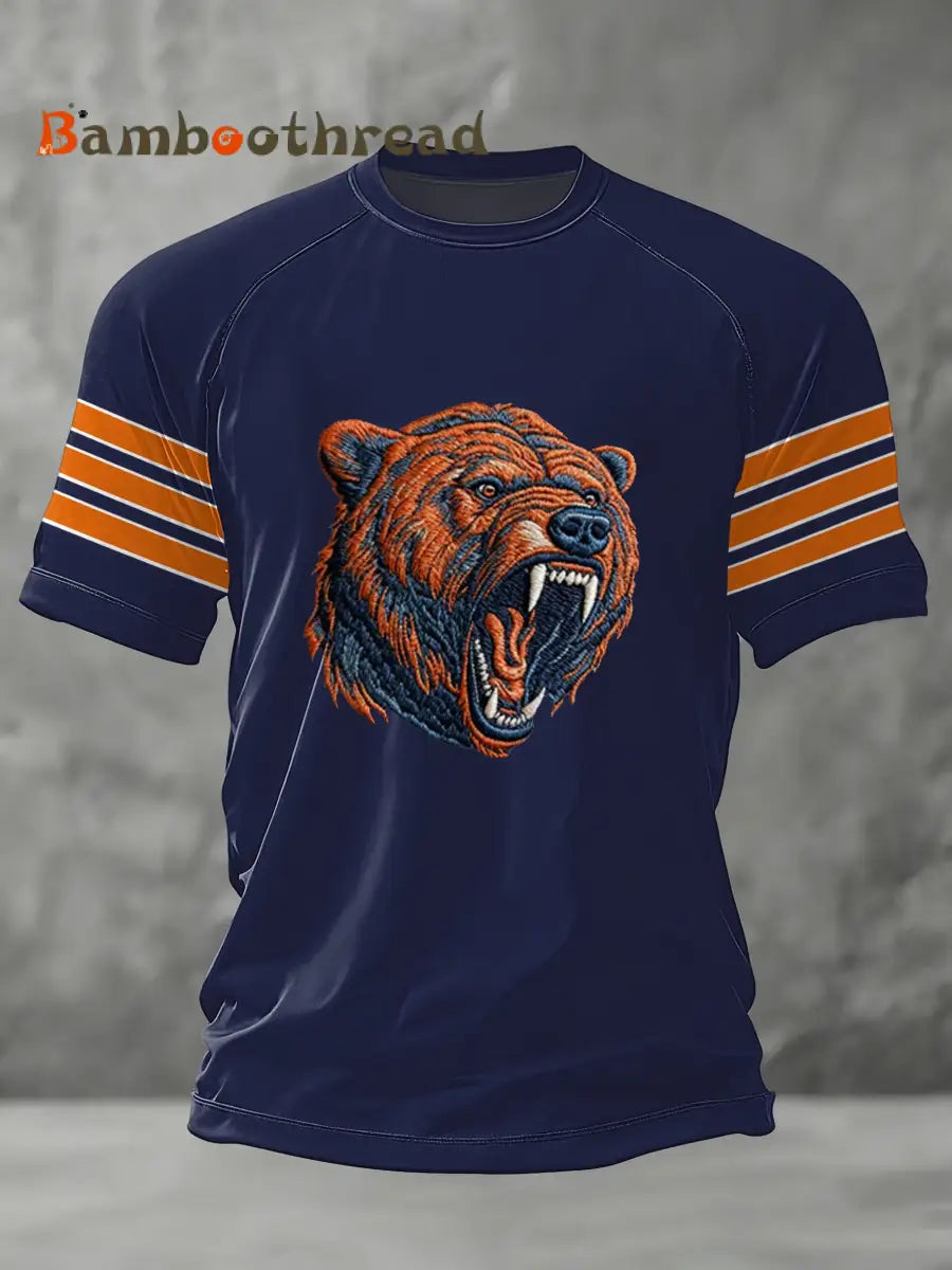 Men’s Bear Print Football Fans Gameday Casual Tee Navy Blue / S