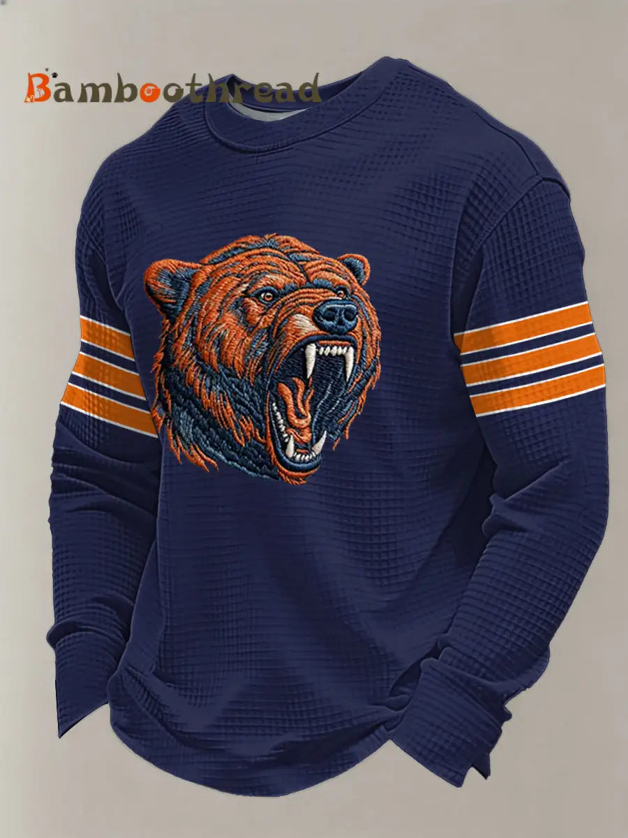 Men’s Bear Print Football Fans Gameday Casual Waffle Long Sleeve T-Shirt Navy Blue / S