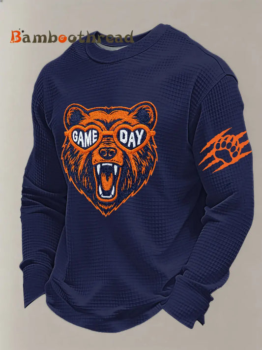 Men’s Bear Print Football Fans Gameday Casual Waffle Long Sleeve T-Shirt Navy Blue / S