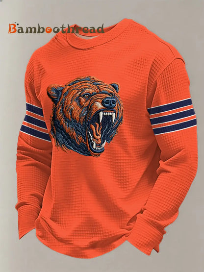 Men’s Bear Print Football Fans Gameday Casual Waffle Long Sleeve T-Shirt Orange / S