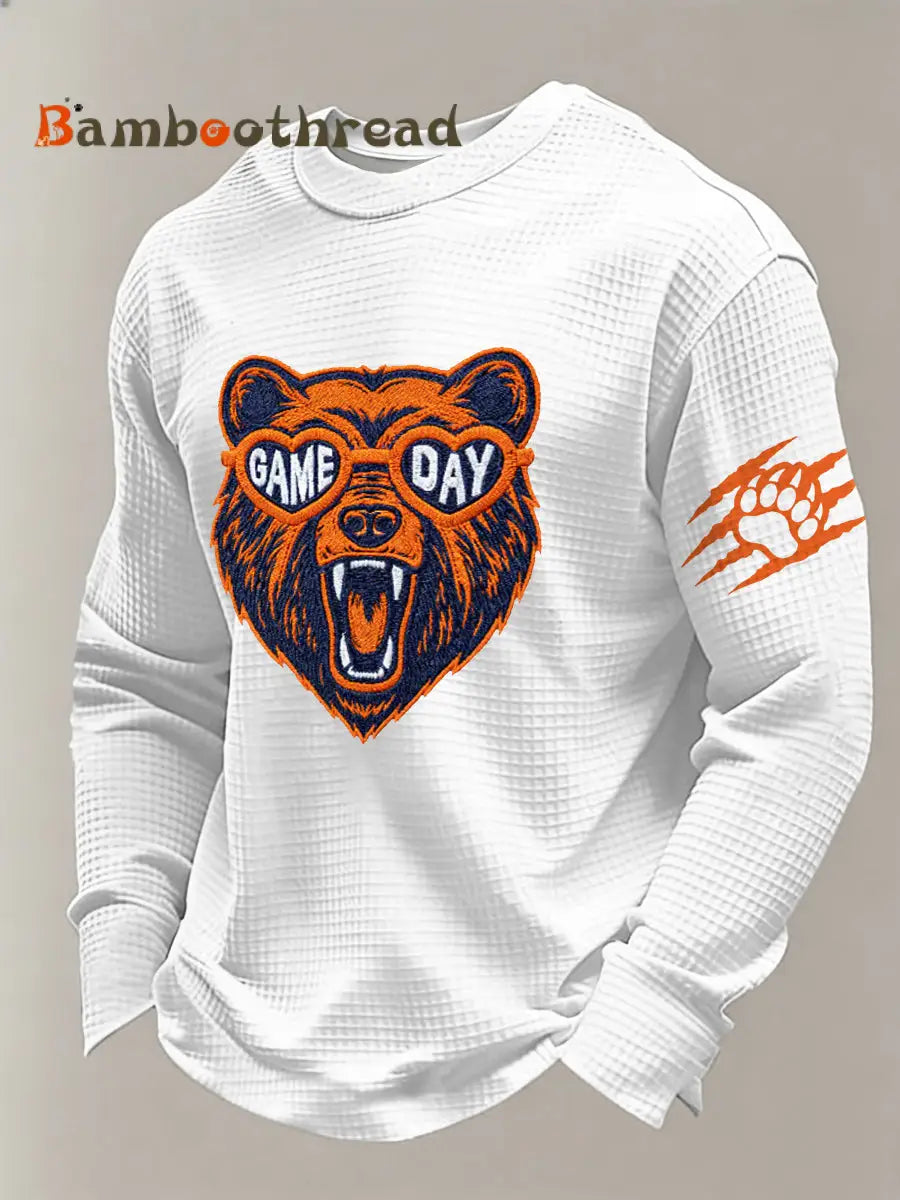 Men’s Bear Print Football Fans Gameday Casual Waffle Long Sleeve T-Shirt White / S