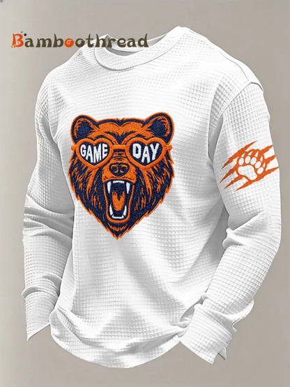 Men’s Bear Print Football Fans Gameday Casual Waffle Long Sleeve T-Shirt White / S