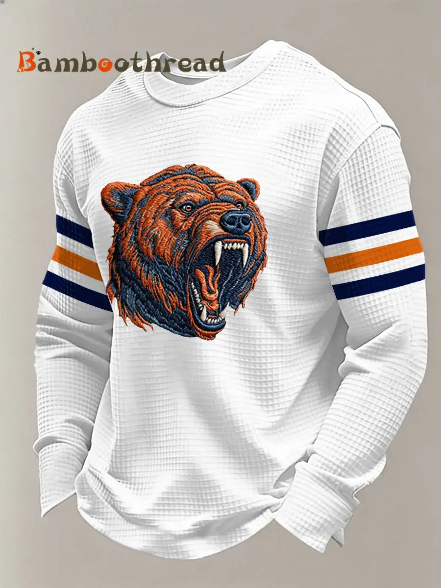 Men’s Bear Print Football Fans Gameday Casual Waffle Long Sleeve T-Shirt White / S