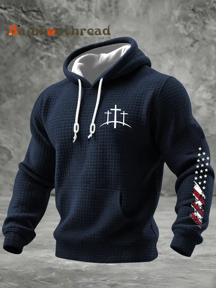 Men’s Christian Cross Checkered Cotton Hoodie Navy Blue / S