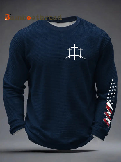 Men’s Christian Cross Waffle Long Sleeve T-Shirt Navy Blue / S