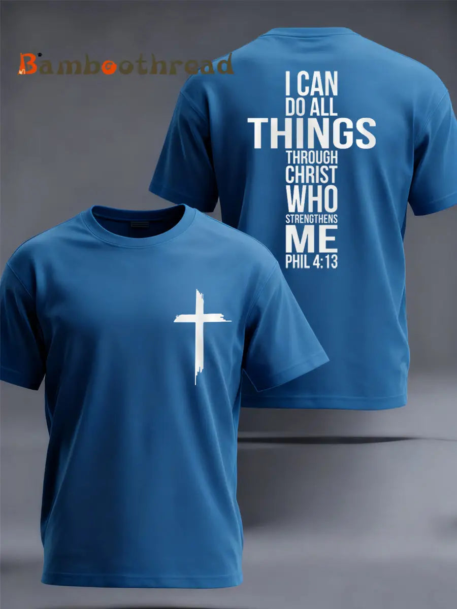 Men’s Christian Faith Philippians 4:13 Print Casual Tee Blue / S