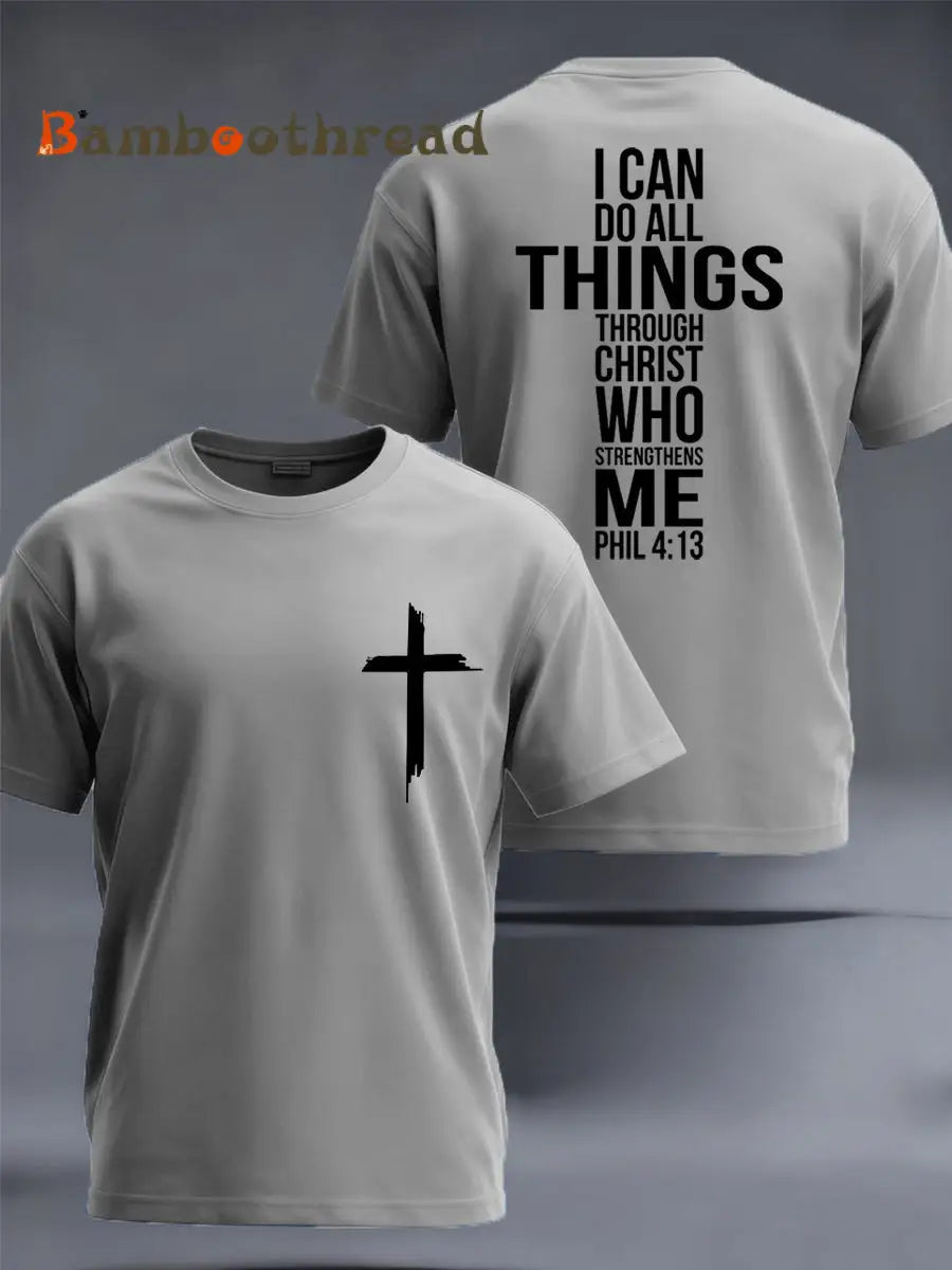 Men’s Christian Faith Philippians 4:13 Print Casual Tee Light Gray / S