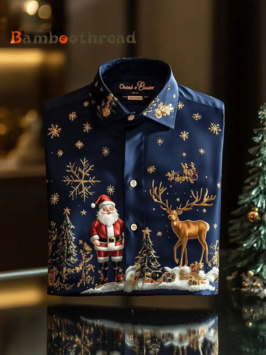 Men’s Christmas Art Printed Shirt Navy Blue / S