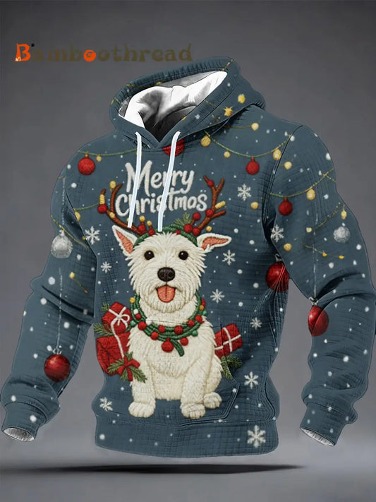 Men’s Christmas Cute Dog Denim Patchwork Checkered Cotton Hoodie Blue / S