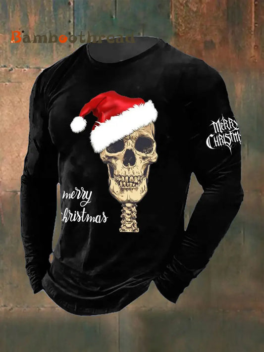 Men’s Christmas Skull Printed Long Sleeved Round Neck T-shirt Black / S