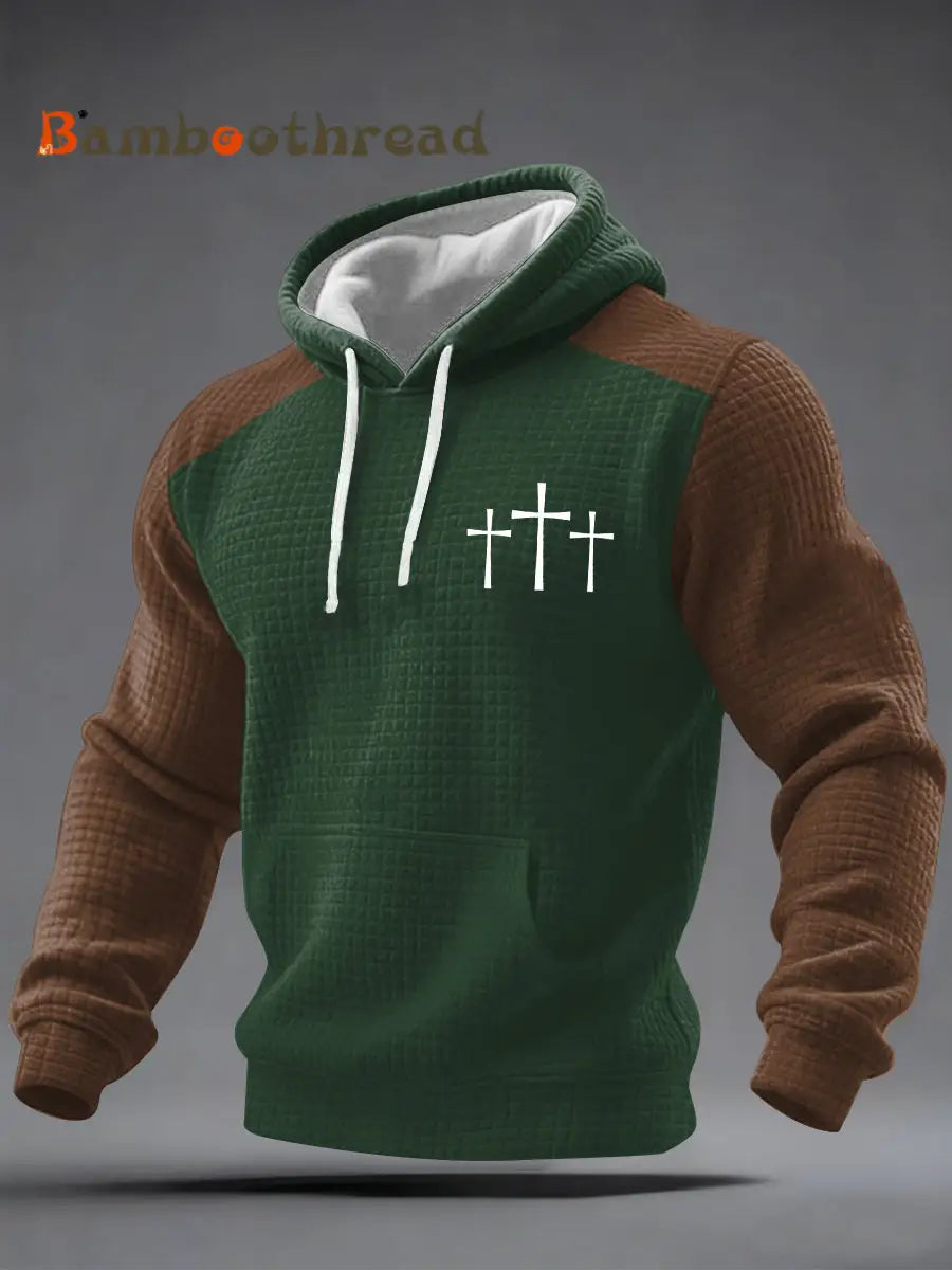 Men’s Cross Faith Print Casual Checkered Hoodie Dark Green / S