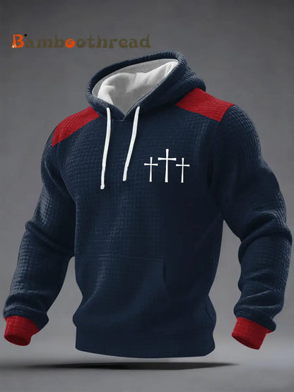 Men’s Cross Faith Print Casual Checkered Hoodie Navy Blue / S