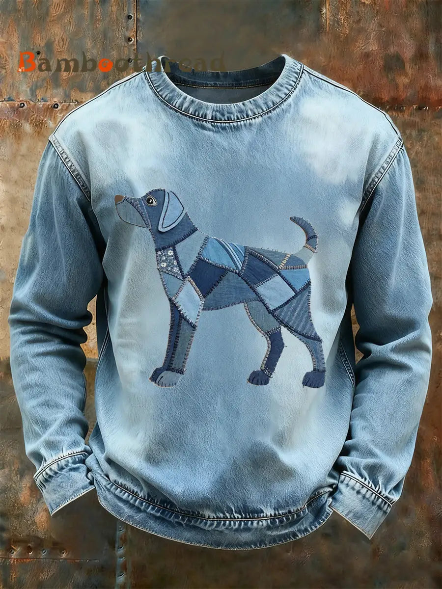 Men’s Denim Animal Printed Long Sleeved Round Neck Sweatshirts Light Blue / S