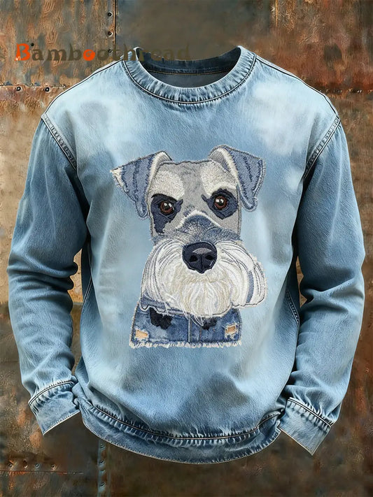 Men’s Denim Animal Printed Long Sleeved Round Neck Sweatshirts Light Blue / S