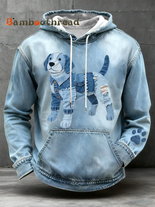 Men’s Denim Patchwork Art Beagle Dog Pattern Hoodie Blue / S