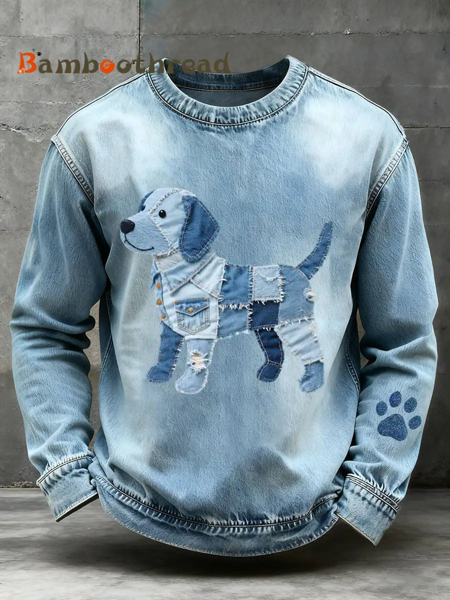 Men’s Denim Patchwork Art Beagle Dog Pattern Sweatshirt Blue / S